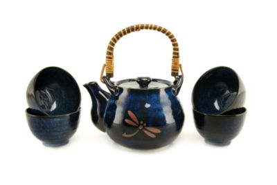 Dark Blue Dragonflies Teapot Set with Four Cups